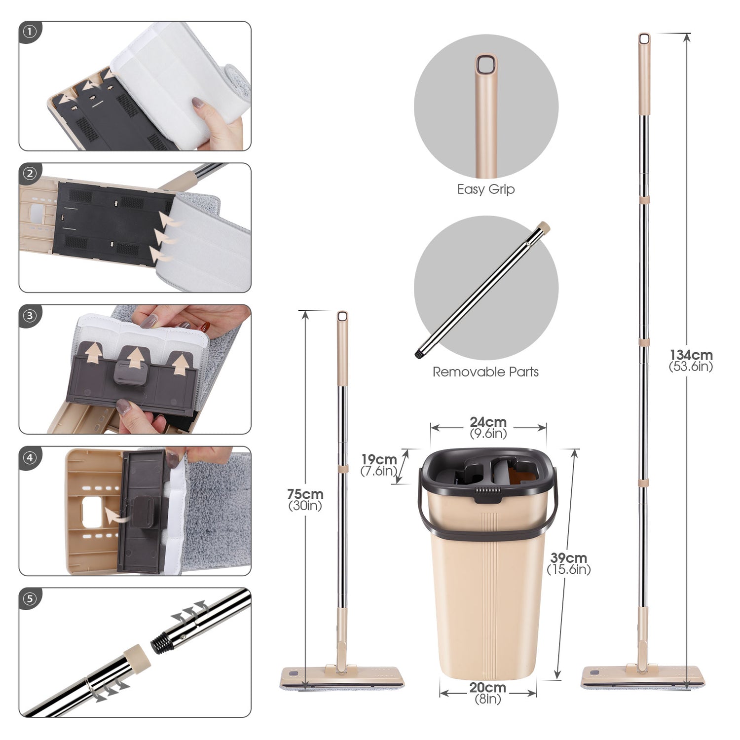 Masthome Flat Mop and Bucket with Wringer Set, Self Cleaning Flat Mop and Bucket System, 6 Washable Microfiber Pads