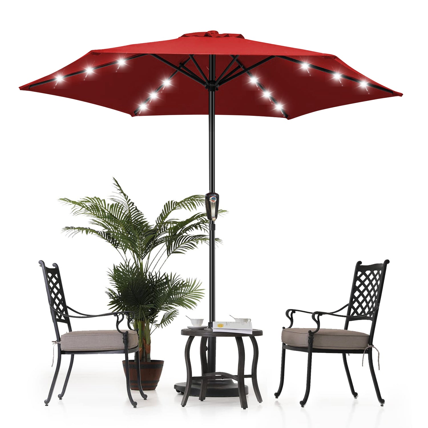 10ft Mastertop Solar LED Lighting Patio Umbrella - Large Solar-Powered Outdoor Parasols with Tilt Adjustment and Crank Lift System, 6 Sturdy Iron Ribs, 18 Lights - Perfect for Party, Festival, Yard, Pool, Commerical & Residential Decor