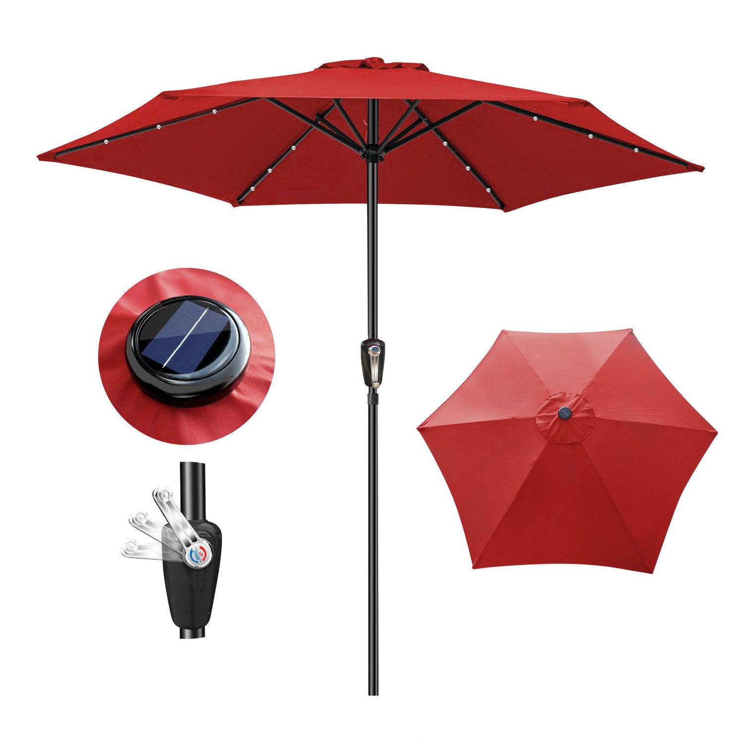 10ft Mastertop Solar LED Lighting Patio Umbrella - Large Solar-Powered Outdoor Parasols with Tilt Adjustment and Crank Lift System, 6 Sturdy Iron Ribs, 18 Lights - Perfect for Party, Festival, Yard, Pool, Commerical & Residential Decor