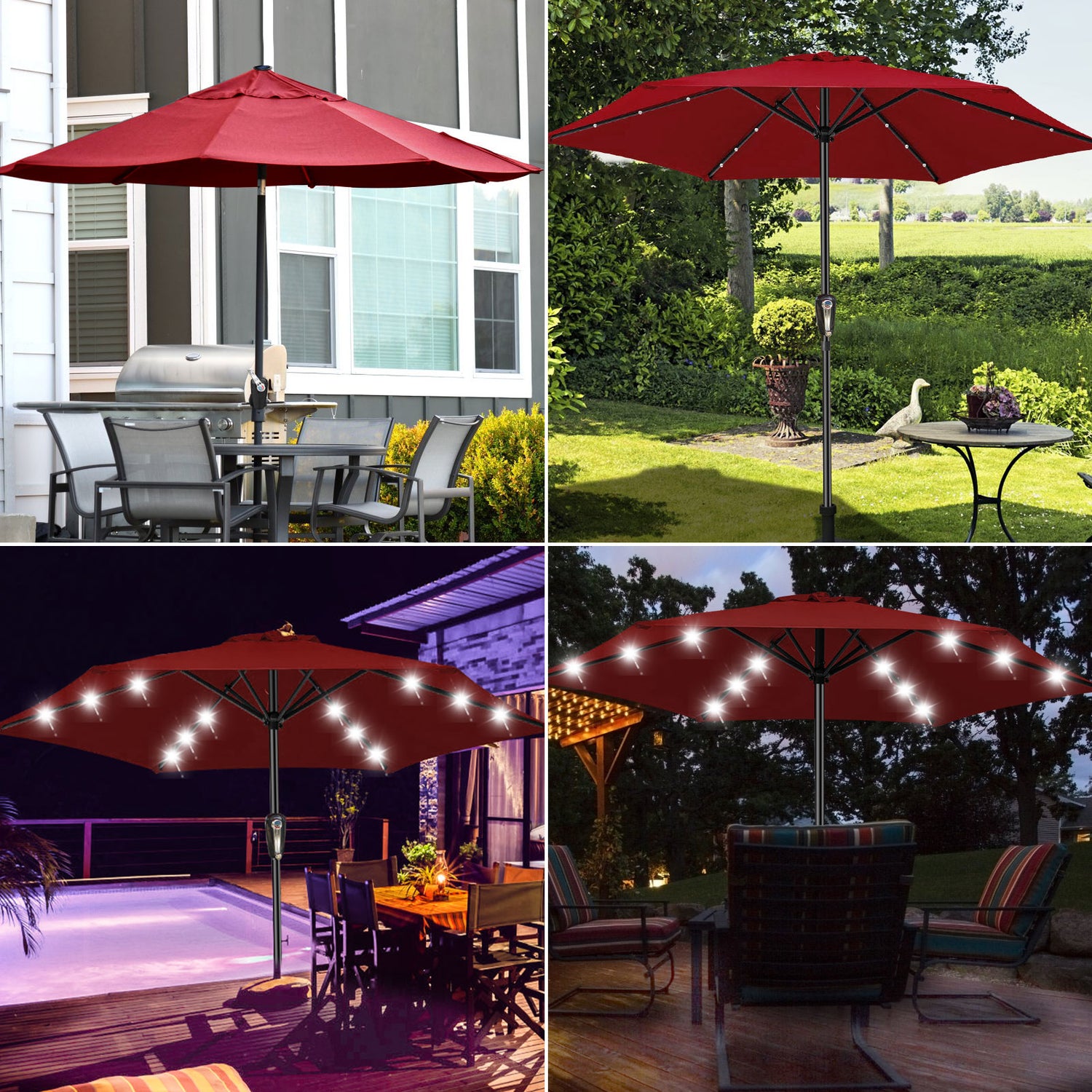 10ft Mastertop Solar LED Lighting Patio Umbrella - Large Solar-Powered Outdoor Parasols with Tilt Adjustment and Crank Lift System, 6 Sturdy Iron Ribs, 18 Lights - Perfect for Party, Festival, Yard, Pool, Commerical & Residential Decor