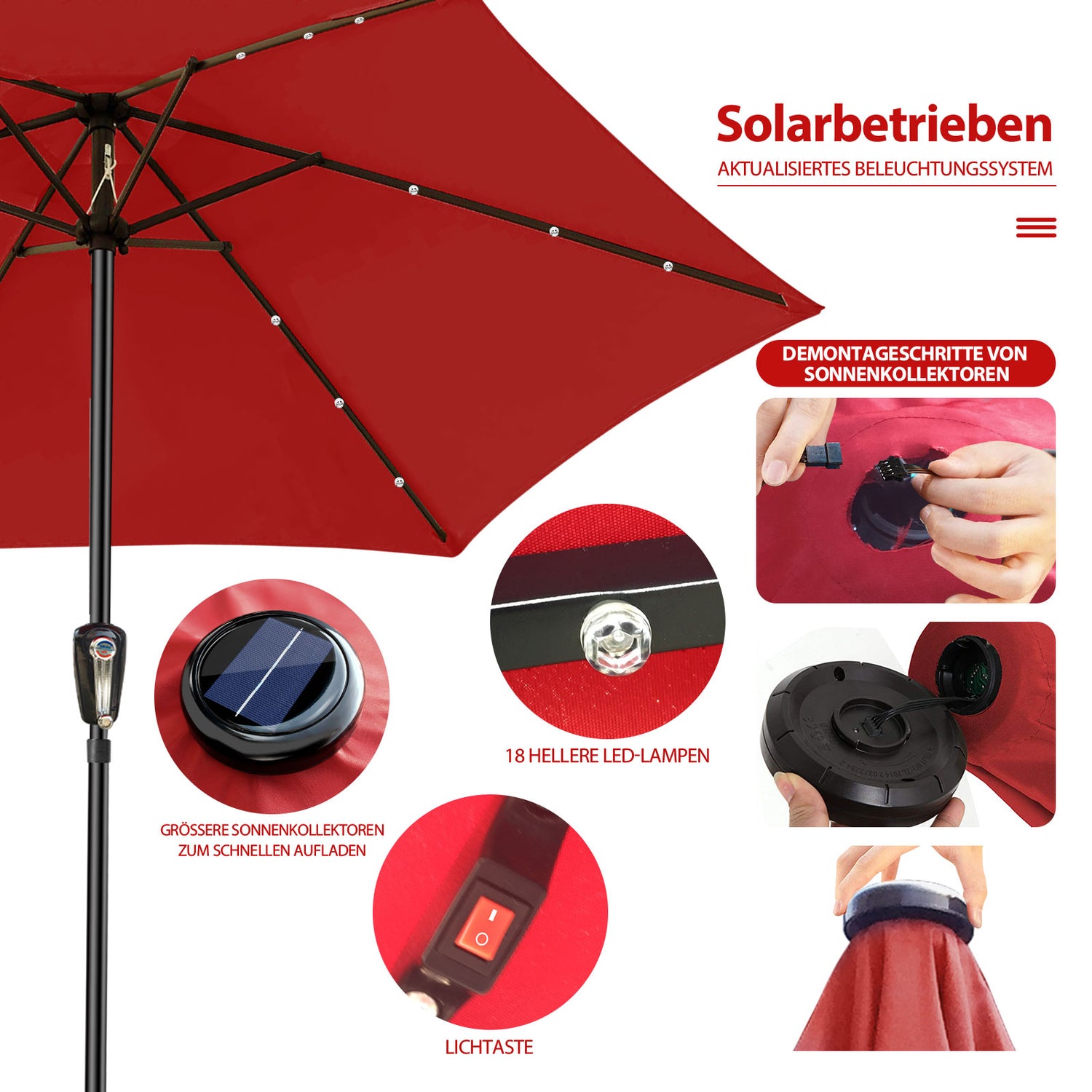 10ft Mastertop Solar LED Lighting Patio Umbrella - Large Solar-Powered Outdoor Parasols with Tilt Adjustment and Crank Lift System, 6 Sturdy Iron Ribs, 18 Lights - Perfect for Party, Festival, Yard, Pool, Commerical & Residential Decor