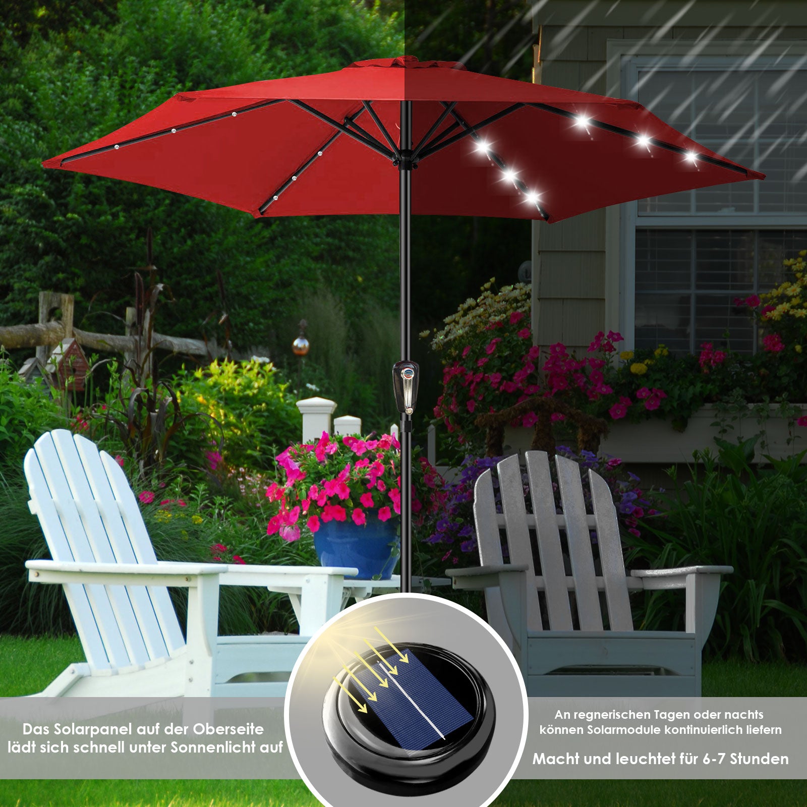 10ft Mastertop Solar LED Lighting Patio Umbrella - Large Solar-Powered Outdoor Parasols with Tilt Adjustment and Crank Lift System, 6 Sturdy Iron Ribs, 18 Lights - Perfect for Party, Festival, Yard, Pool, Commerical & Residential Decor