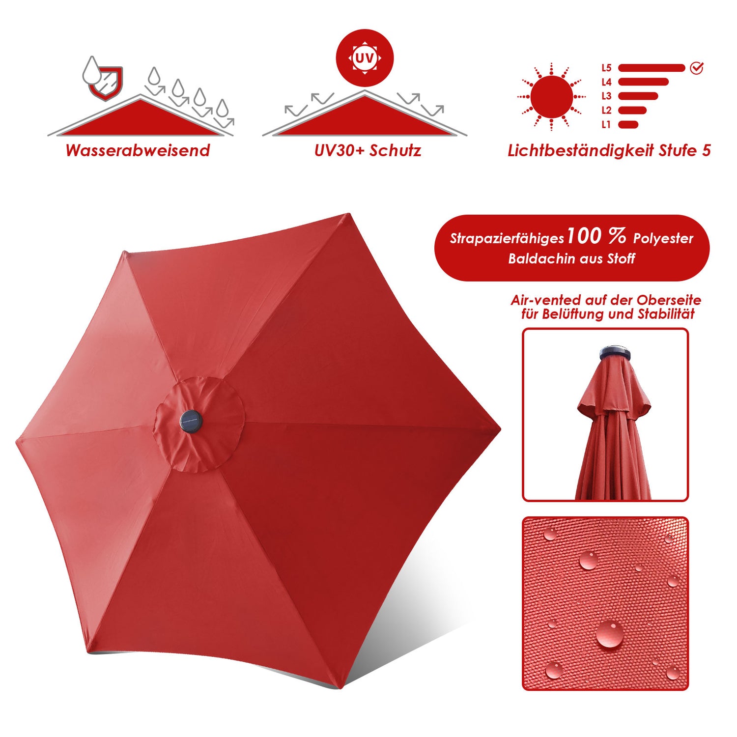 10ft Mastertop Solar LED Lighting Patio Umbrella - Large Solar-Powered Outdoor Parasols with Tilt Adjustment and Crank Lift System, 6 Sturdy Iron Ribs, 18 Lights - Perfect for Party, Festival, Yard, Pool, Commerical & Residential Decor