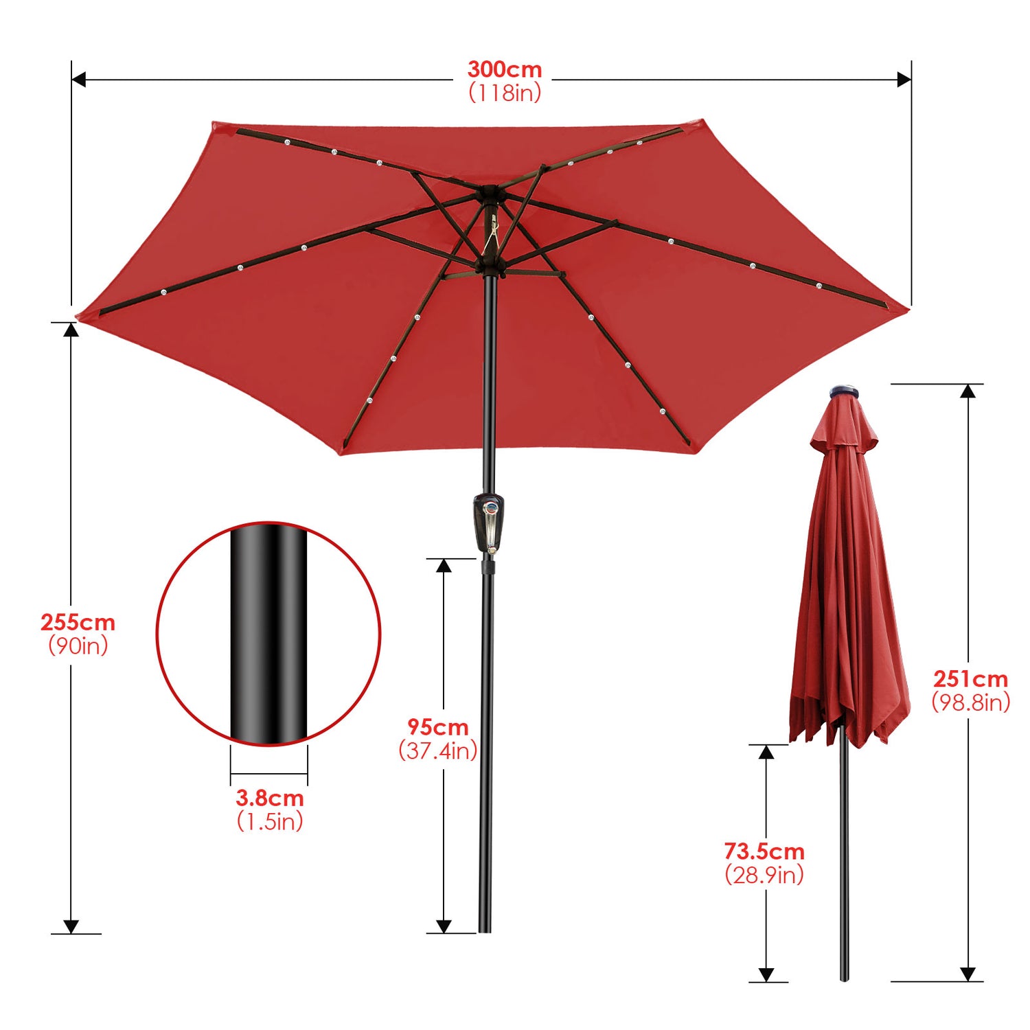10ft Mastertop Solar LED Lighting Patio Umbrella - Large Solar-Powered Outdoor Parasols with Tilt Adjustment and Crank Lift System, 6 Sturdy Iron Ribs, 18 Lights - Perfect for Party, Festival, Yard, Pool, Commerical & Residential Decor