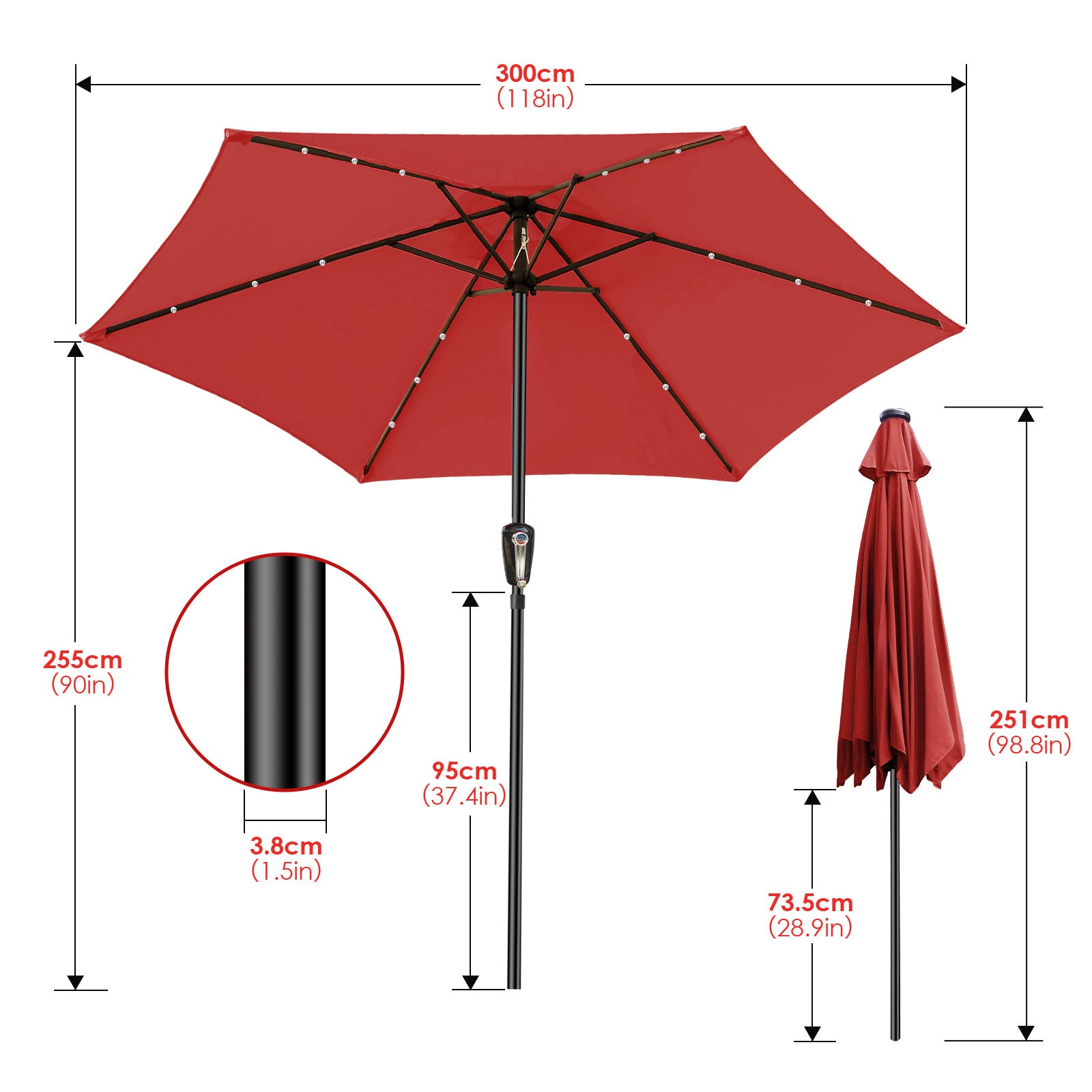 10ft Mastertop Solar LED Lighting Patio Umbrella - Large Solar-Powered Outdoor Parasols with Tilt Adjustment and Crank Lift System, 6 Sturdy Iron Ribs, 18 Lights - Perfect for Party, Festival, Yard, Pool, Commerical & Residential Decor