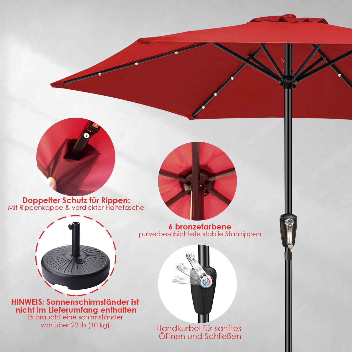 10ft Mastertop Solar LED Lighting Patio Umbrella - Large Solar-Powered Outdoor Parasols with Tilt Adjustment and Crank Lift System, 6 Sturdy Iron Ribs, 18 Lights - Perfect for Party, Festival, Yard, Pool, Commerical & Residential Decor