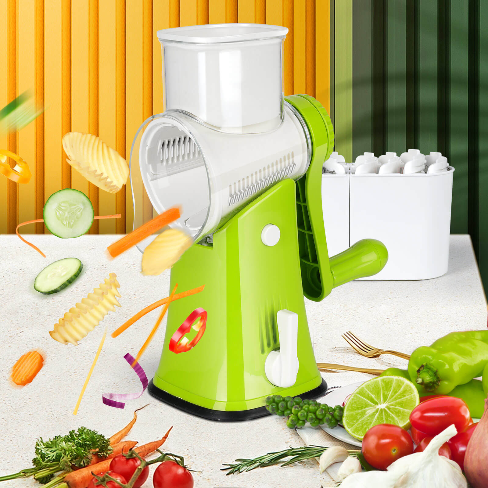 Rotary Cheese Grater with Handle for Fruit,Vegetables,Nuts, 3 In 1  Multifunctional Kitchen Square Drum Vegetable Cutter & Round Mandoline  Slicer Nuts