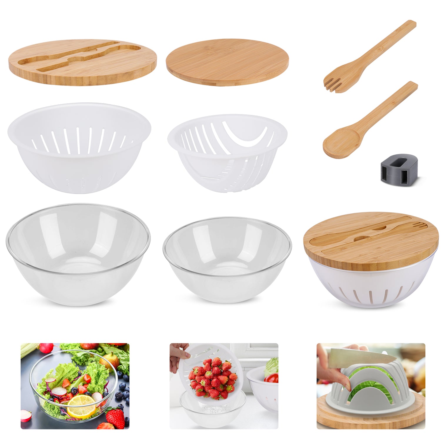 Masthome Salad Bowl Set with Bamboo Wood Lid