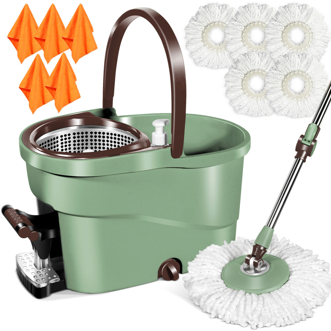 Pedal Spin Mop and Bucket, 360° Spin Mop with 5 Mop Heads, Suitable for Home Floor Kitchen Mop