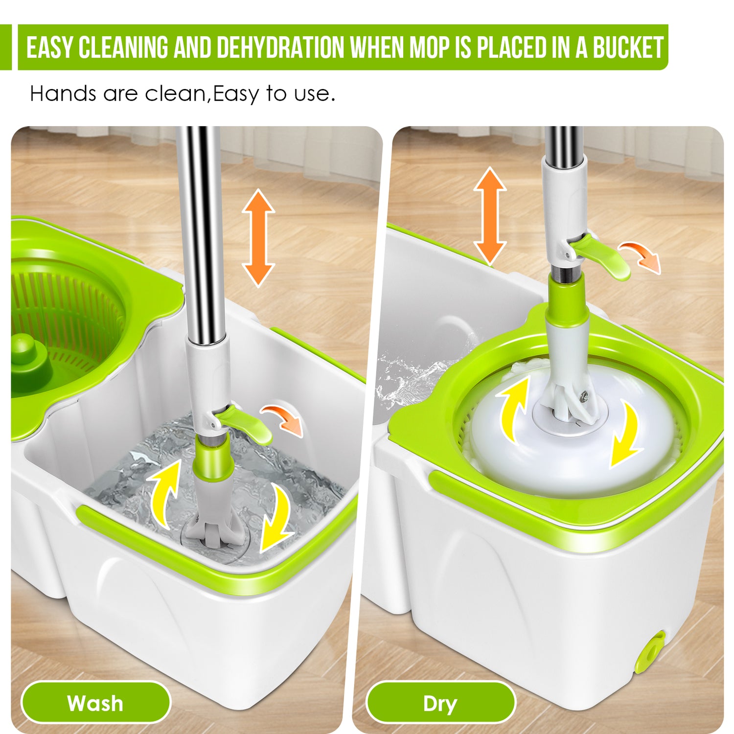 Masthome Spin Mop with Mop Buckets Wringer System for Floor Cleaning,Hands-free Mop,3 Mop Pads,Green and White