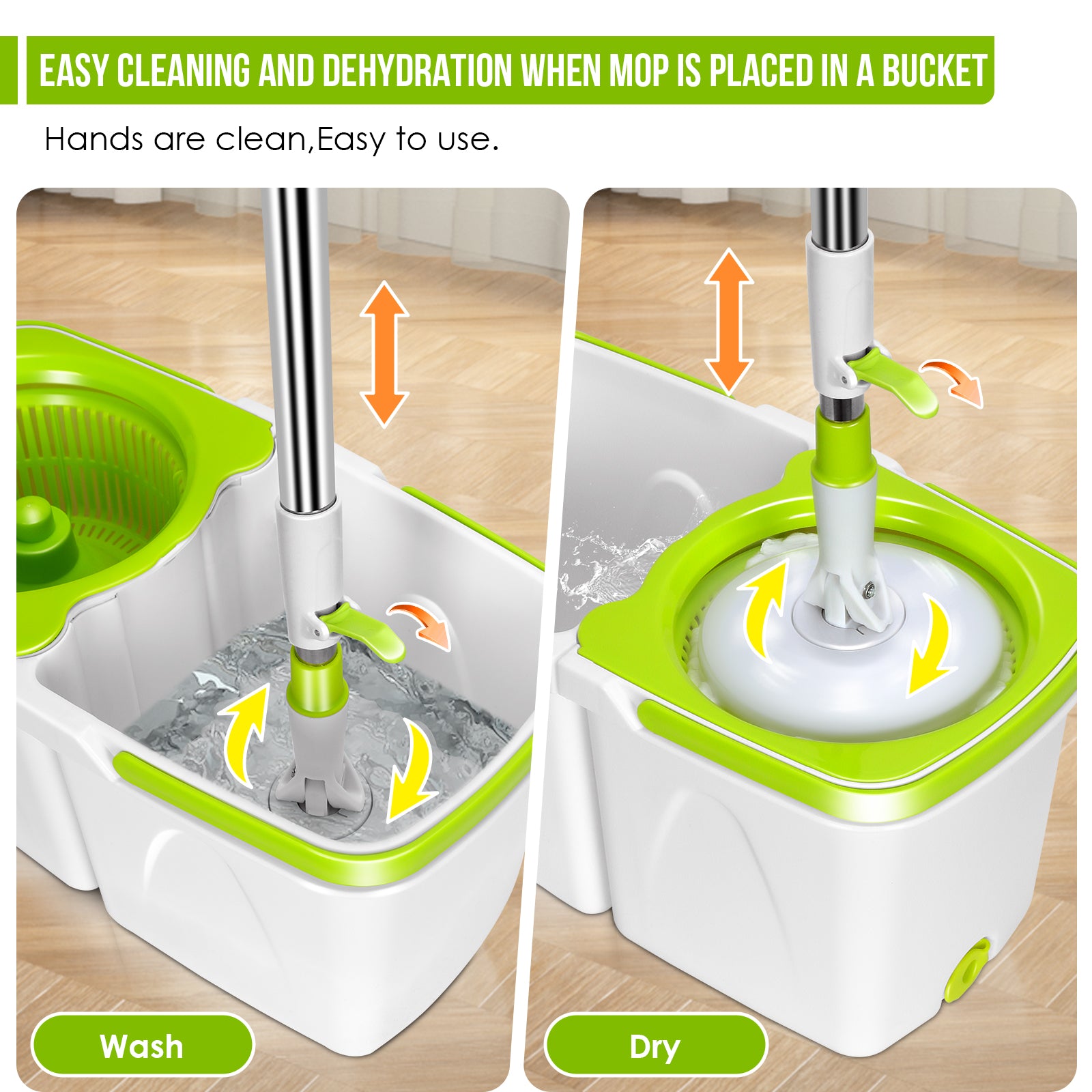Masthome Spin Mop with Mop Buckets Wringer System for Floor Cleaning,Hands-free Mop,3 Mop Pads,Green and White