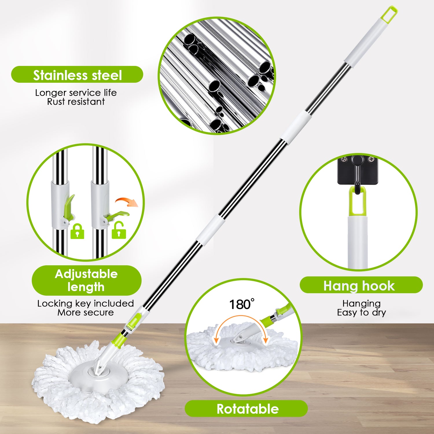 Masthome Spin Mop with Mop Buckets Wringer System for Floor Cleaning,Hands-free Mop,3 Mop Pads,Green and White