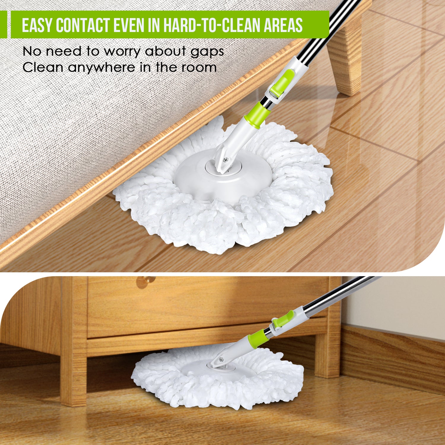 Masthome Spin Mop with Mop Buckets Wringer System for Floor Cleaning,Hands-free Mop,3 Mop Pads,Green and White