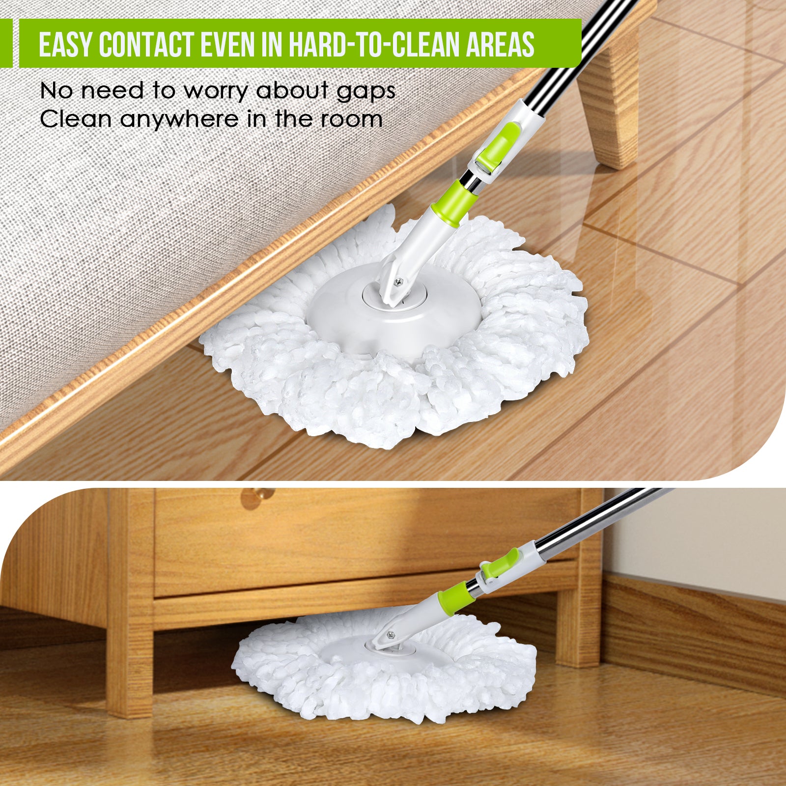 Masthome Spin Mop with Mop Buckets Wringer System for Floor Cleaning,Hands-free Mop,3 Mop Pads,Green and White