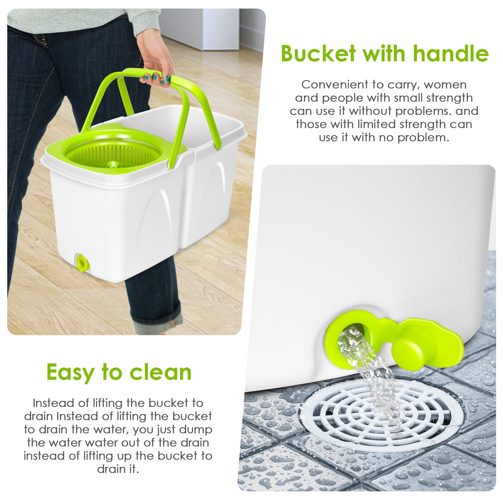 Masthome Spin Mop with Mop Buckets Wringer System for Floor Cleaning,Hands-free Mop,3 Mop Pads,Green and White