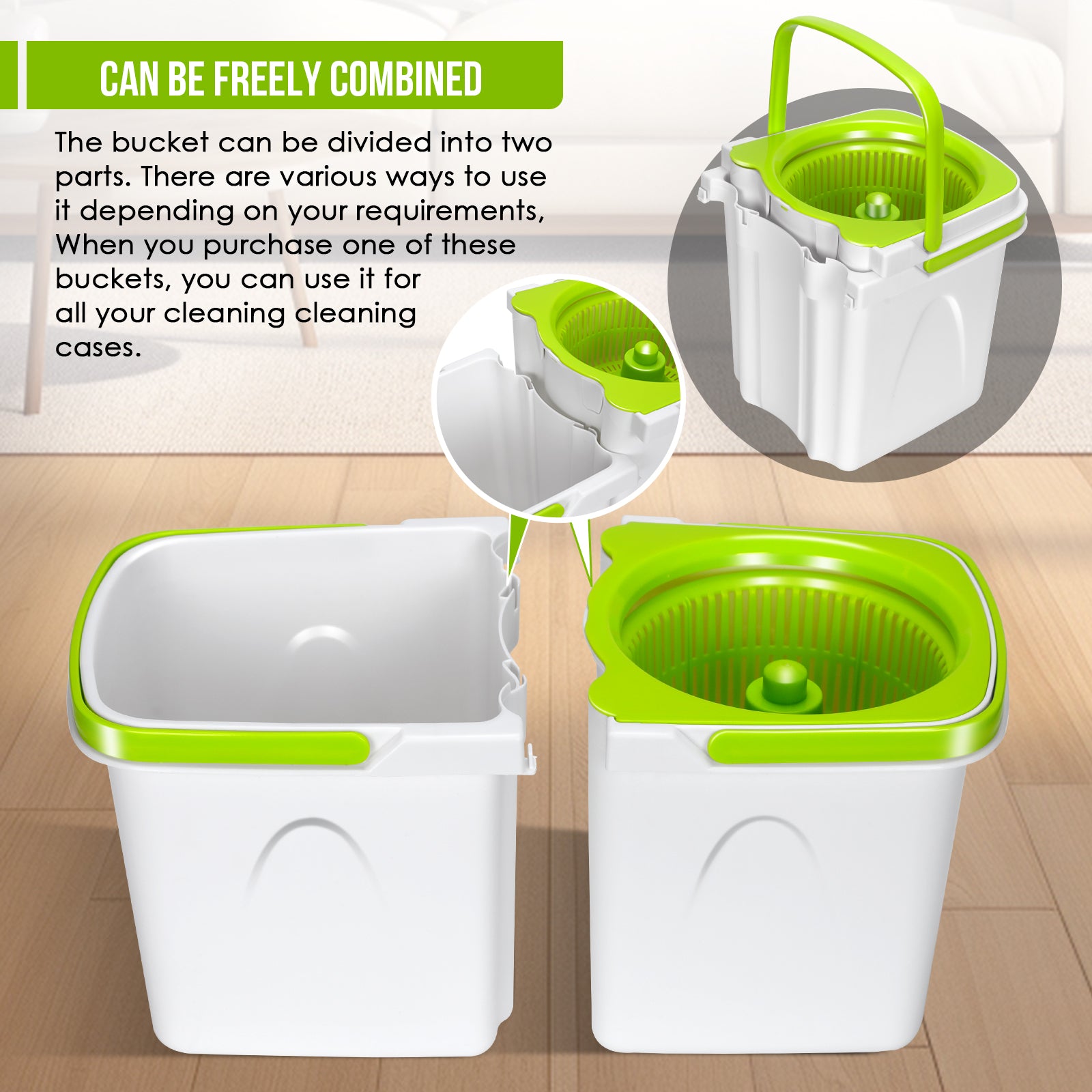 Masthome Spin Mop with Mop Buckets Wringer System for Floor Cleaning,Hands-free Mop,3 Mop Pads,Green and White