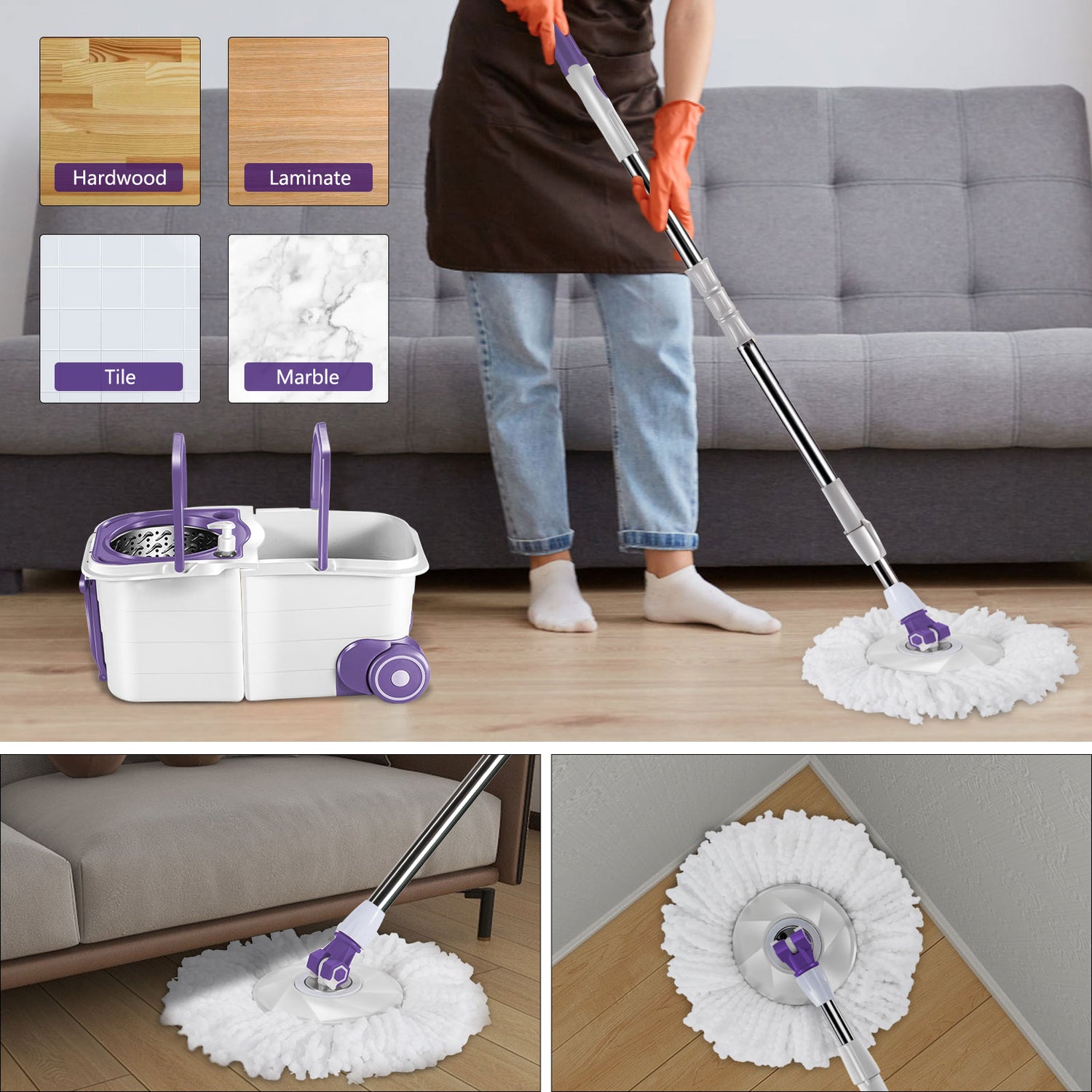 Masthome Spin Mop and Bucket with Wringer Set for Floor,Detachable Mop Bucket,6 Microfiber Mop Pads