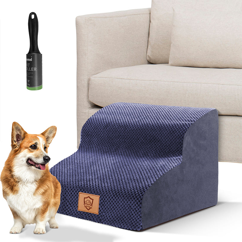 Dog Stairs,High Density Foam Pet Stairs 2 Tiers,11.8" High Non-Slip Pet Ramps/Ladder with Removable Cover,Best for Dogs Injured,Pets with Joint Pain-Send 1pcs pet Hair Remover Roller(Blue)