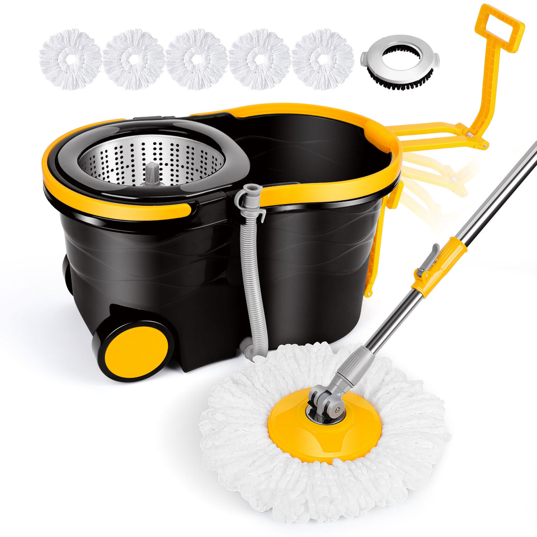 Masthome Spin Mop and Bucket System with Wringer Set, Stainless Steel Handle, 5 Microfiber Mop Pads