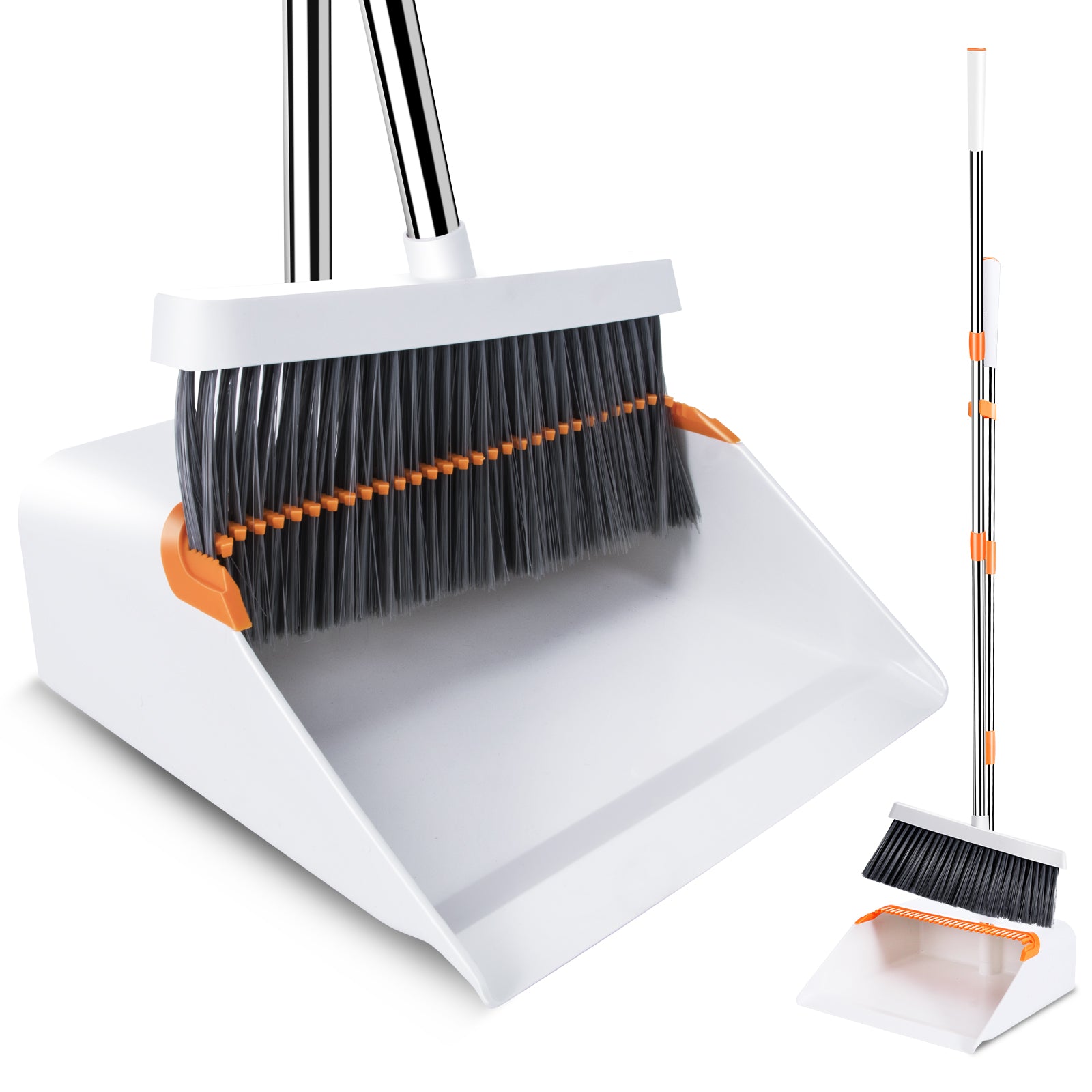 MASTERTOP Broom and Dustpan Set for Home,Indoor and Outdoor Sweeping,Upright Standing Dustpan and Sweeping Broom Combo with Adjustable Long Handle for Office Kitchen Room Lobby Floor Cleaning,White and Orange