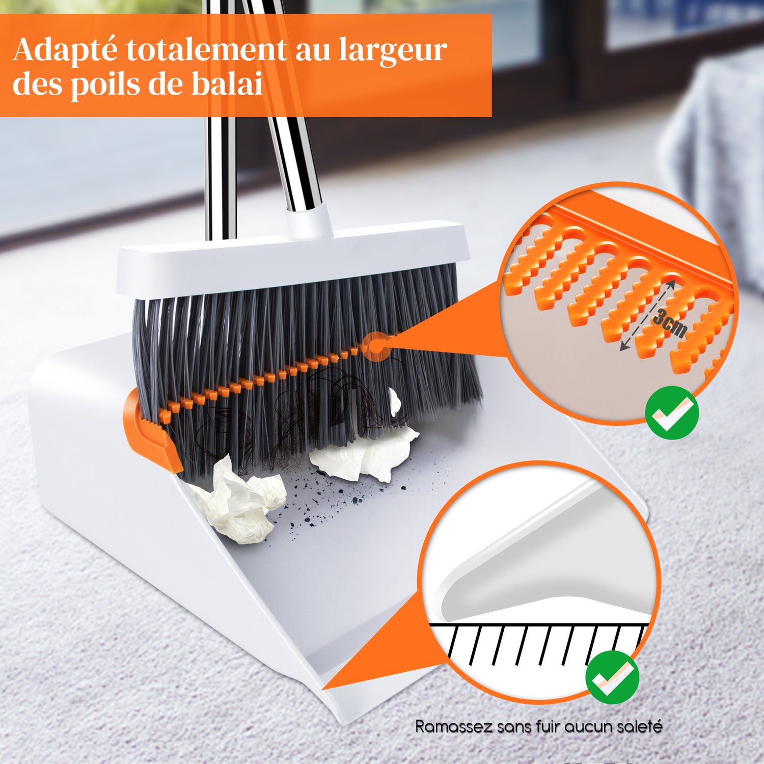 MASTERTOP Broom and Dustpan Set for Home,Indoor and Outdoor Sweeping,Upright Standing Dustpan and Sweeping Broom Combo with Adjustable Long Handle for Office Kitchen Room Lobby Floor Cleaning,White and Orange