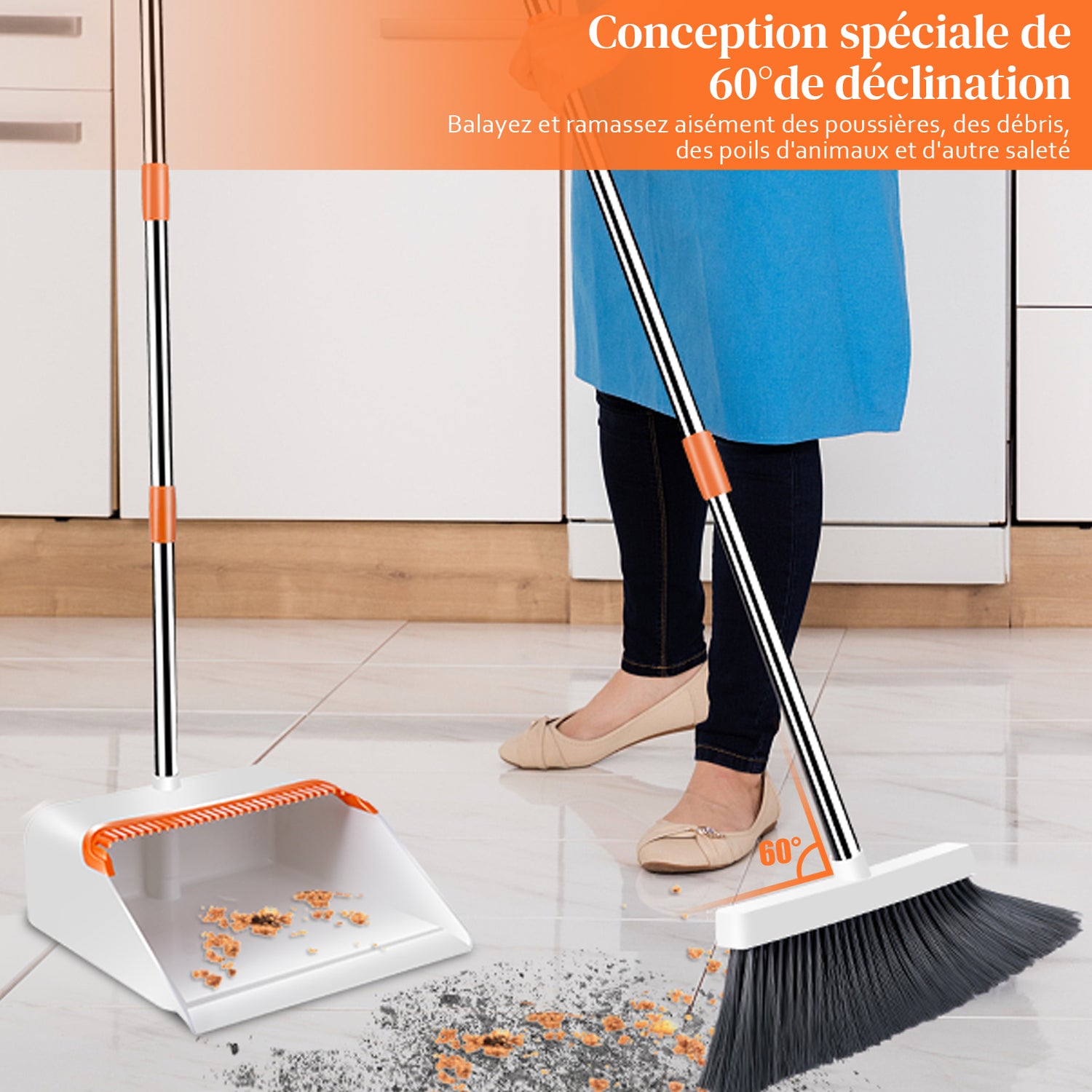 MASTERTOP Broom and Dustpan Set for Home,Indoor and Outdoor Sweeping,Upright Standing Dustpan and Sweeping Broom Combo with Adjustable Long Handle for Office Kitchen Room Lobby Floor Cleaning,White and Orange