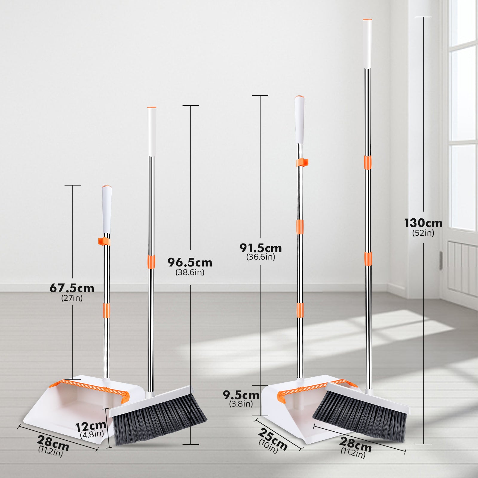 MASTERTOP Broom and Dustpan Set for Home,Indoor and Outdoor Sweeping,Upright Standing Dustpan and Sweeping Broom Combo with Adjustable Long Handle for Office Kitchen Room Lobby Floor Cleaning,White and Orange