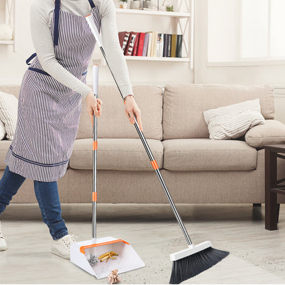 MASTERTOP Broom and Dustpan Set for Home,Indoor and Outdoor Sweeping,Upright Standing Dustpan and Sweeping Broom Combo with Adjustable Long Handle for Office Kitchen Room Lobby Floor Cleaning,White and Orange