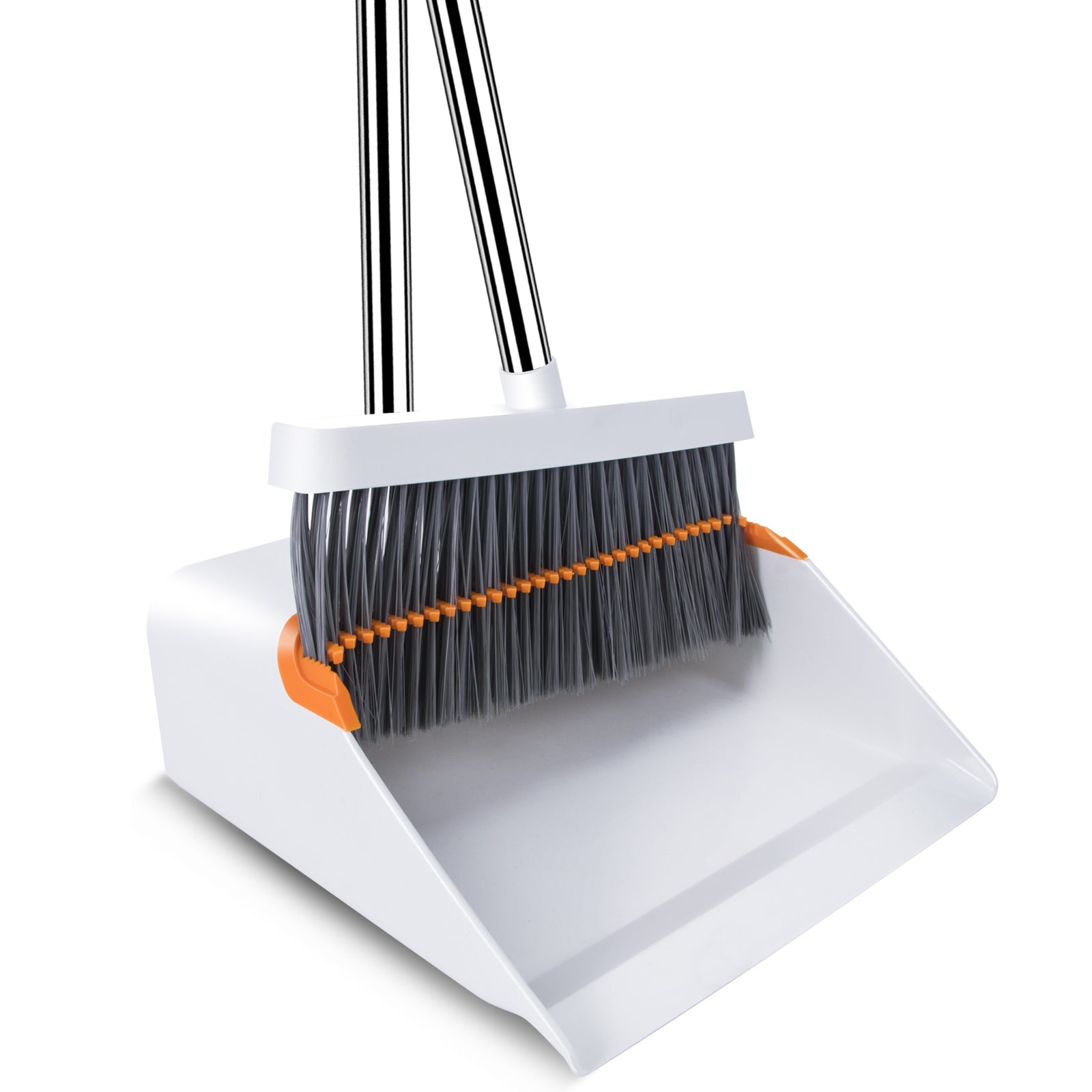 MASTERTOP Broom and Dustpan Set for Home,Indoor and Outdoor Sweeping,Upright Standing Dustpan and Sweeping Broom Combo with Adjustable Long Handle for Office Kitchen Room Lobby Floor Cleaning,White and Orange