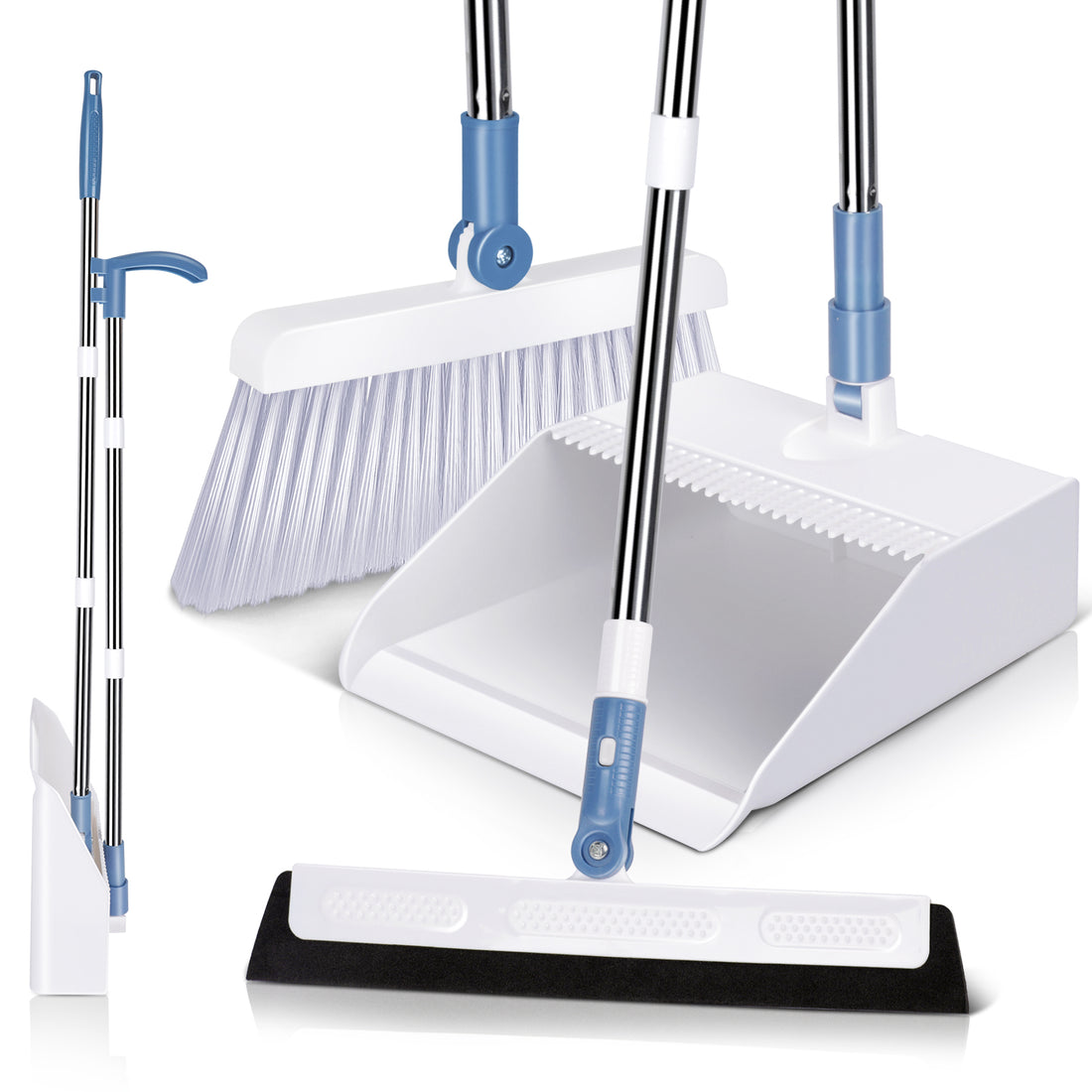 Three-in-one Broom and Dustpan Set for Home,Indoor and Outdoor Sweeping,Upright Standing Dustpan and Sweeping Broom Combo with Adjustable Long Handle for Office Kitchen Room Lobby Floor Cleaning,Blue and White