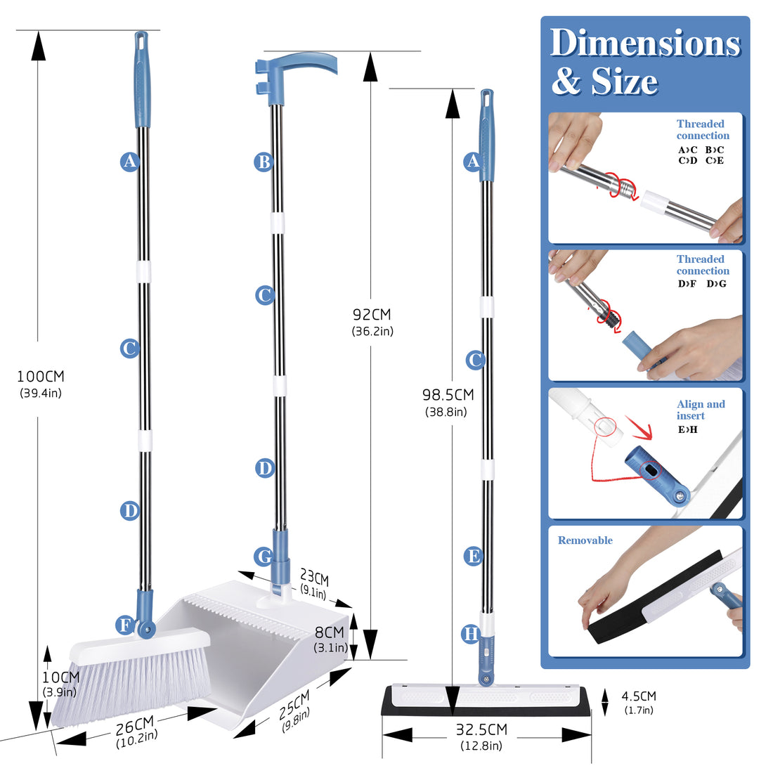 Three-in-one Broom and Dustpan Set for Home,Indoor and Outdoor Sweeping,Upright Standing Dustpan and Sweeping Broom Combo with Adjustable Long Handle for Office Kitchen Room Lobby Floor Cleaning,Blue and White