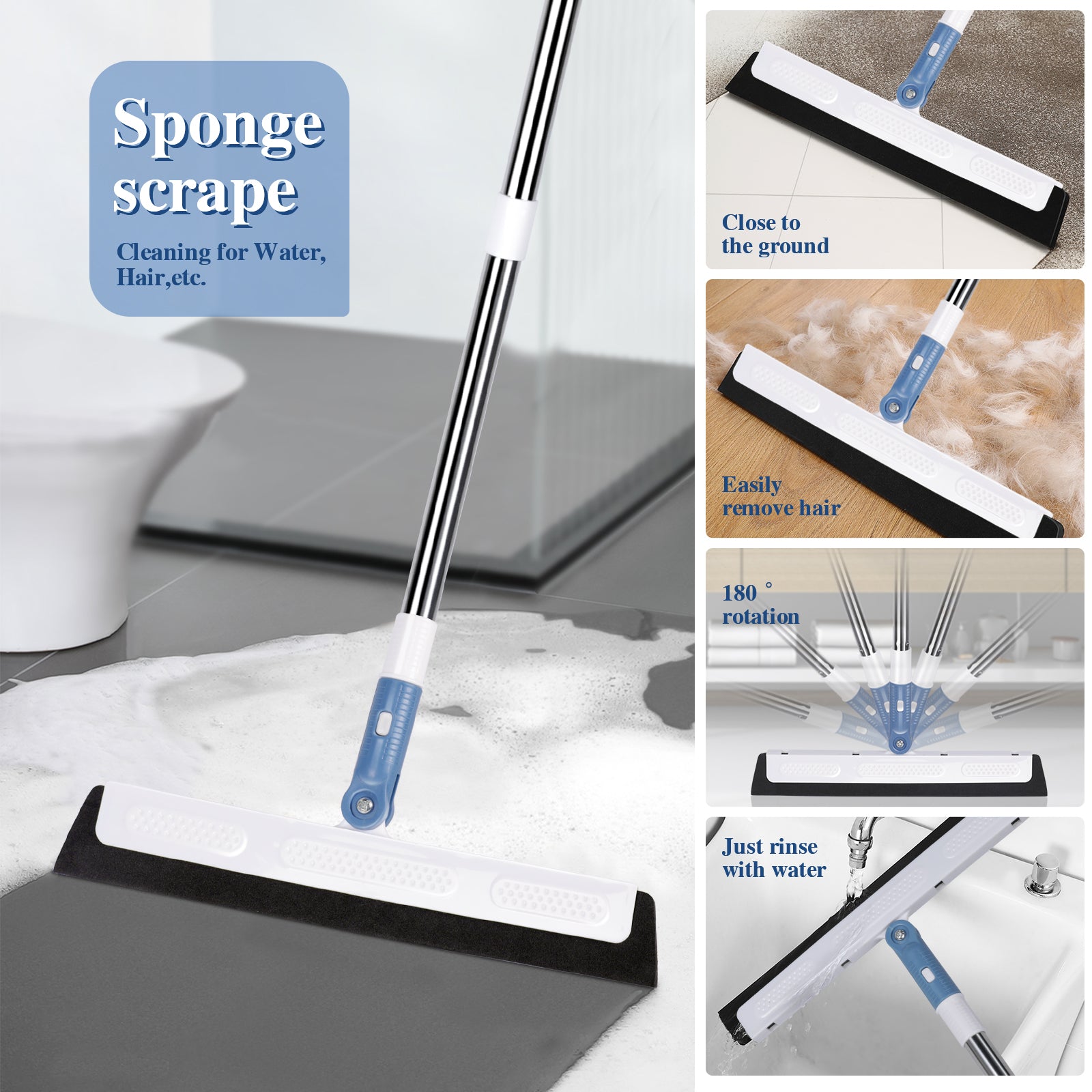 Three-in-one Broom and Dustpan Set for Home,Indoor and Outdoor Sweeping,Upright Standing Dustpan and Sweeping Broom Combo with Adjustable Long Handle for Office Kitchen Room Lobby Floor Cleaning,Blue and White