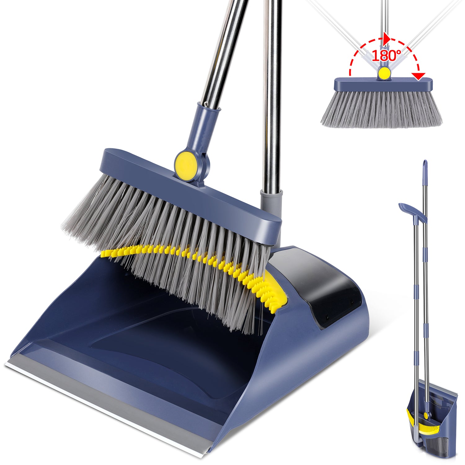 Broom and Dustpan Set for Home Clean,Upright Stand Dustpan and Broom,Self-Cleaning with Dustpan Teenth,Indoor and Outdoor Sweeping With Long Handle,Rotatable Broom Head for Clean Home Kitchen Office Lobby,Cleaning Tools