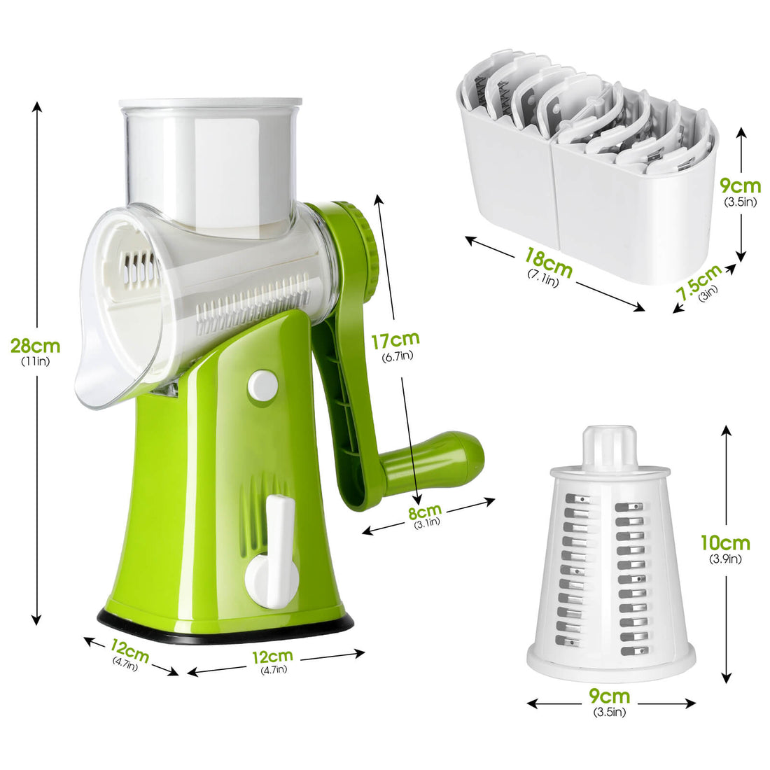 VEKAYA Rotary Cheese Grater, 5 in 1 Cheese Grater with Handle, Replaceable  Stainless Blades Cheese Shredder, Cheese Vegetable Slicer, Easy to Clean  Kitchen Gadgets with Storage Box Light Green 
