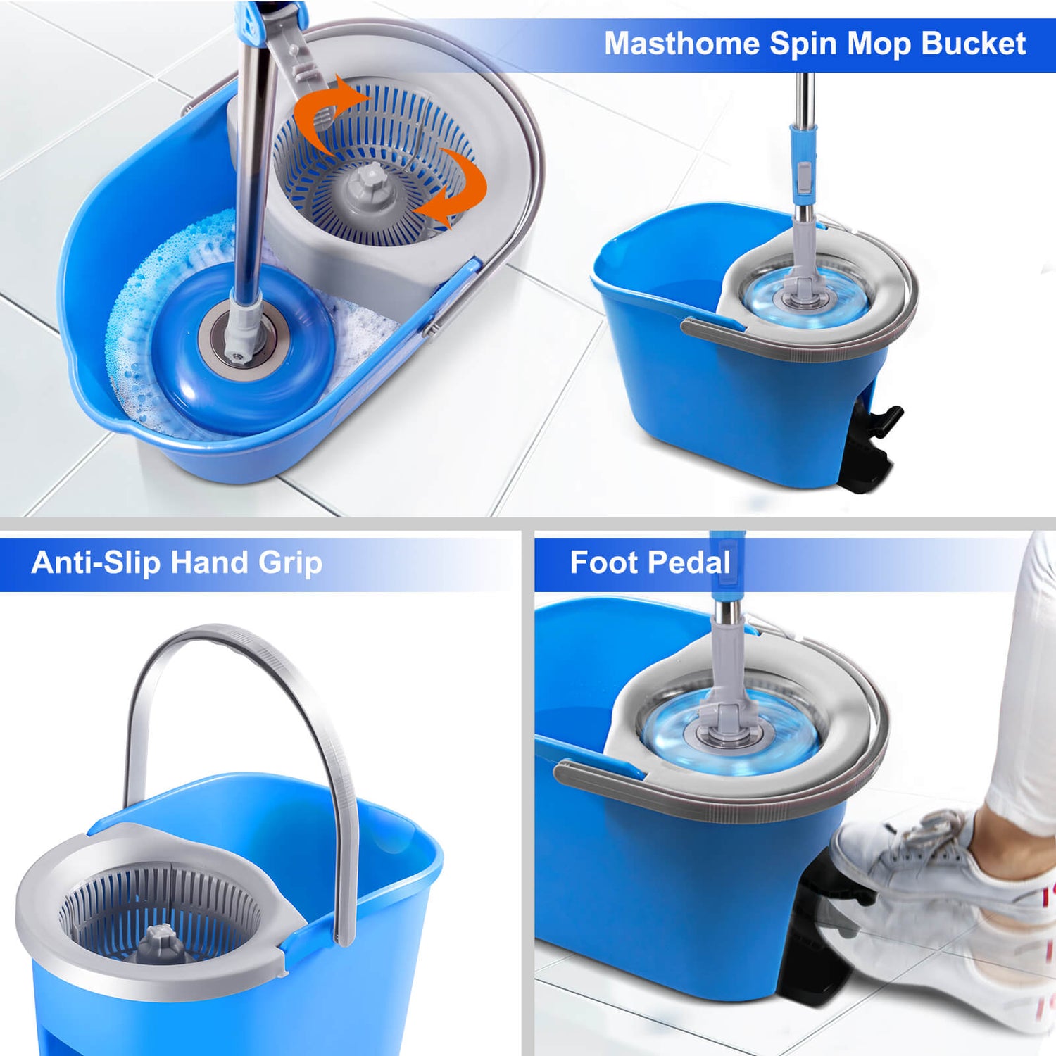 Spin Mop and Bucket on Wheels, Mop and Bucket Set, 360° Spinning Mopping  Bucket with 3 Microfiber Refills & 61 Extended Mop Rod for Floor Cleaning
