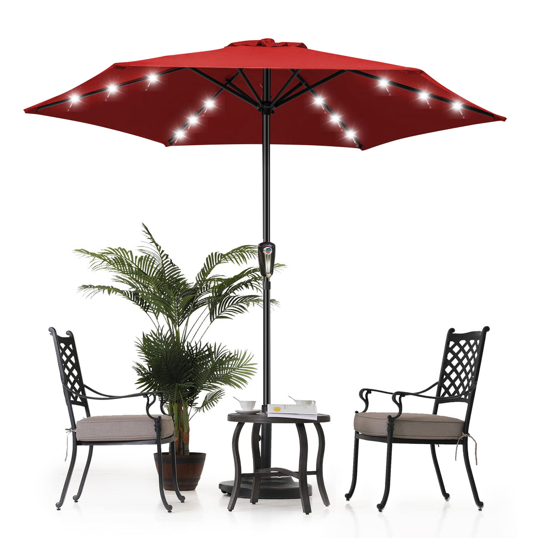 10ft Mastertop Solar LED Lighting Patio Umbrella - Large Solar-Powered Outdoor Parasols with Tilt Adjustment and Crank Lift System, 6 Sturdy Iron Ribs, 18 Lights - Perfect for Party, Festival, Yard, Pool, Commerical & Residential Decor