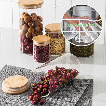 Set of Bamboo Lid Kitchen Storage Glass Jar