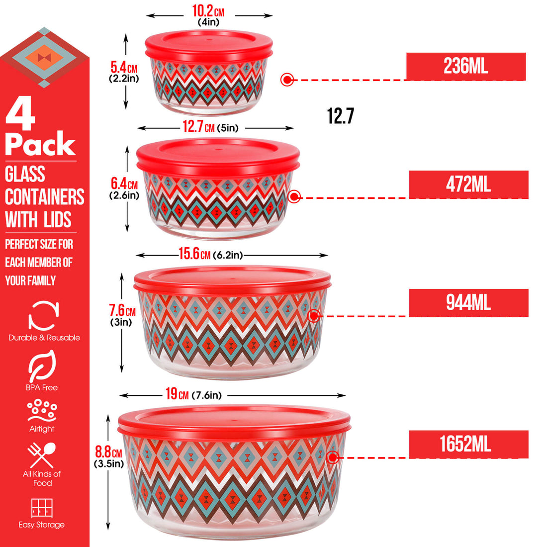 Masthome Glass Food Storage Containers with Airtight Lid