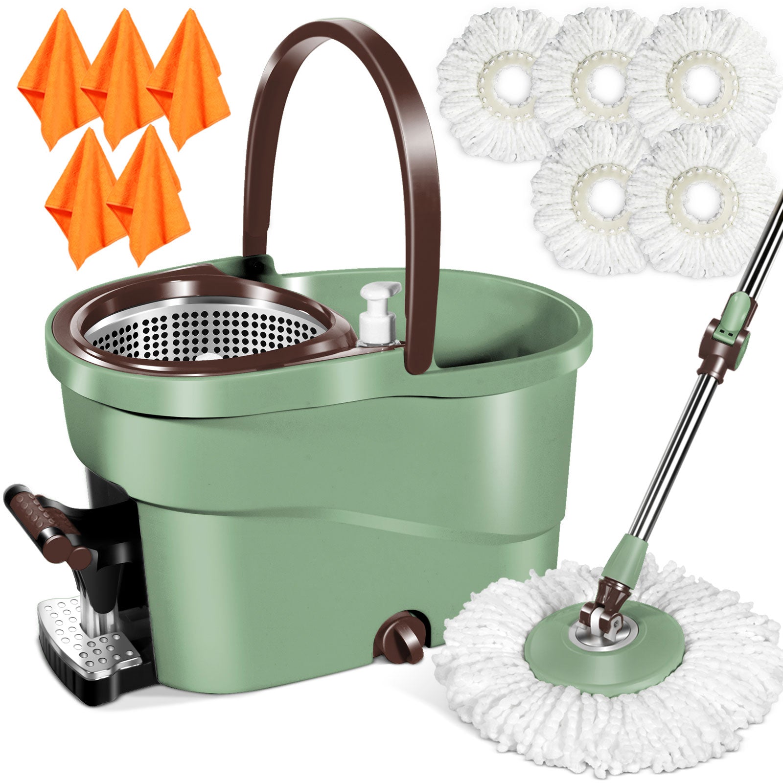 Pedal Spin Mop and Bucket, 360° Spin Mop with 5 Mop Heads, Suitable for Home Floor Kitchen Mop