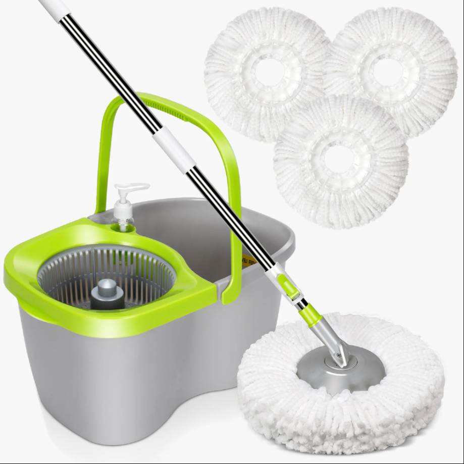 Spin Mop with Mop Buckets Wringer System for Floor Cleaning,Hands-free Mop,Household Cleaning Flat Mop,3 Microfiber Mop Pads,Green and Gray