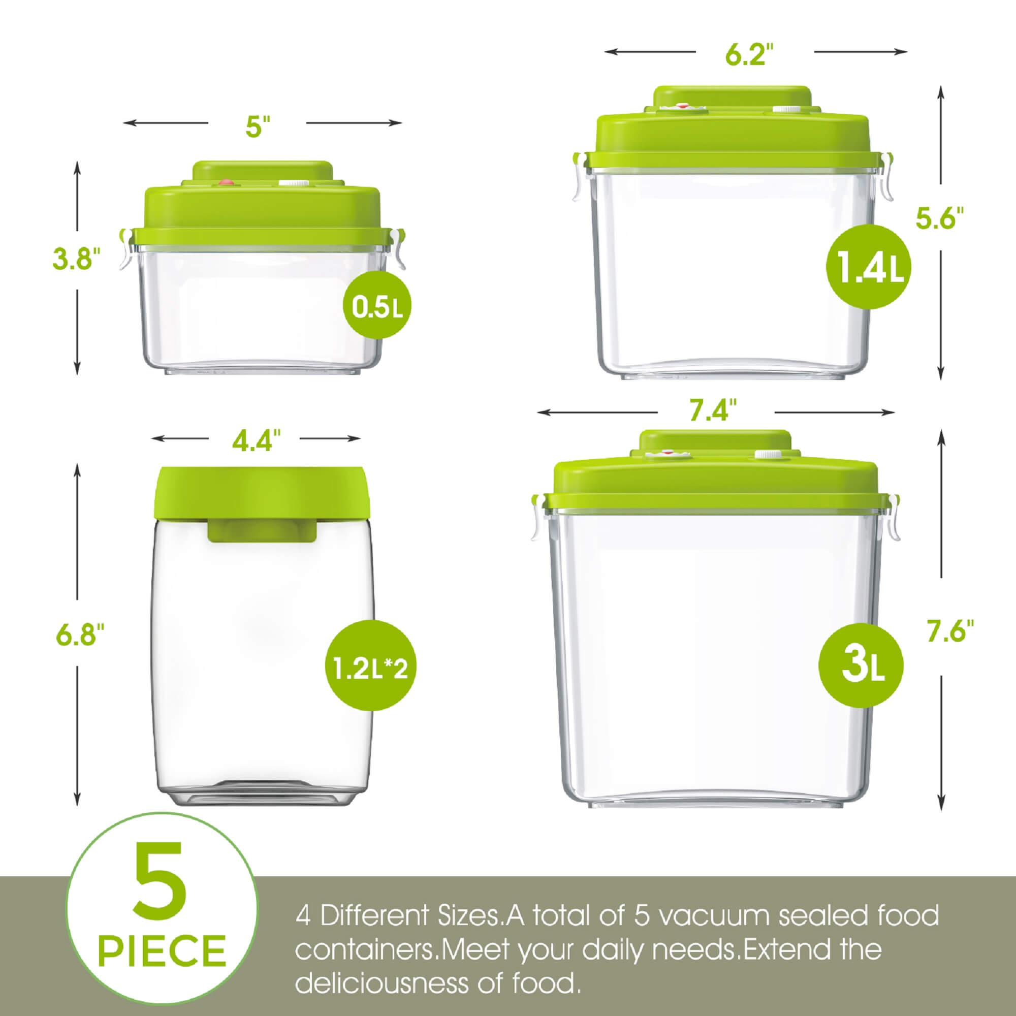 MasterTop Kitchen Household Set of 5 Food Storage Containers, Size: 0.5L, 1.4L, 3.0L, 1.2L, Green