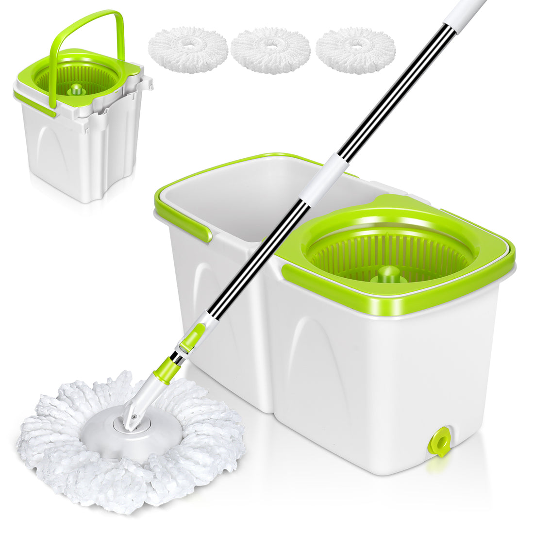 Masthome Spin Mop with Mop Buckets Wringer System for Floor Cleaning,Hands-free Mop,3 Mop Pads,Green and White