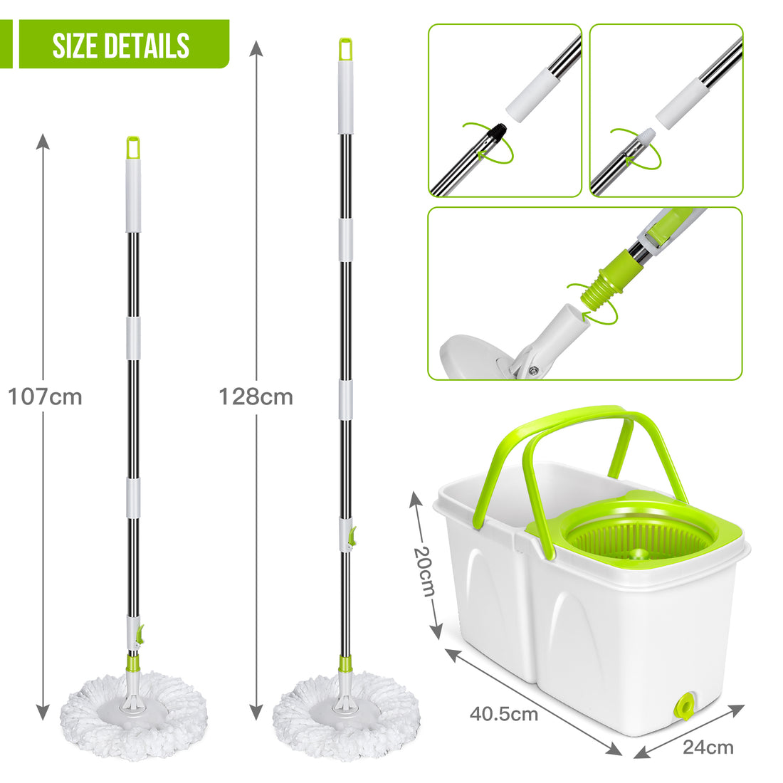 Masthome Spin Mop with Mop Buckets Wringer System for Floor Cleaning,Hands-free Mop,3 Mop Pads,Green and White