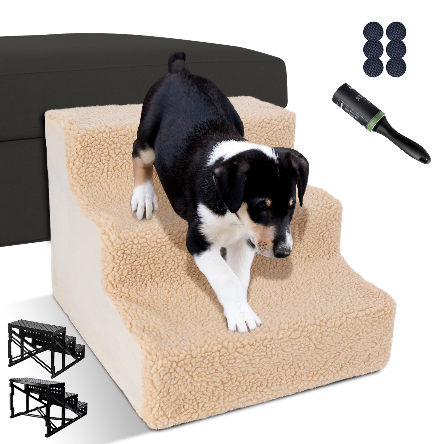 3 Step Dog Step for Small Dog,Non-Slip Plastic Dog Stair for Beds,11.8in High,Khaki