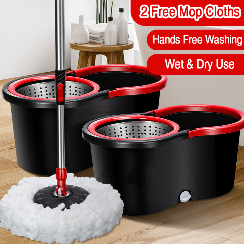 Spin Mop and Bucket with Wringer Set,Wet &amp; Dry Floor Mops,Stainless Steel Mop,Sumer Home Cleaning Supplies,3 Microfiber Mop Pad,Red and Black